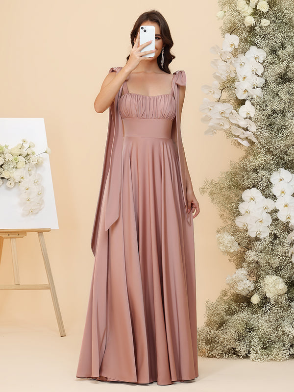 Satin Square Neck Ruched Waist Maxi Bridesmaid Dresses with Bow Shoulder Straps