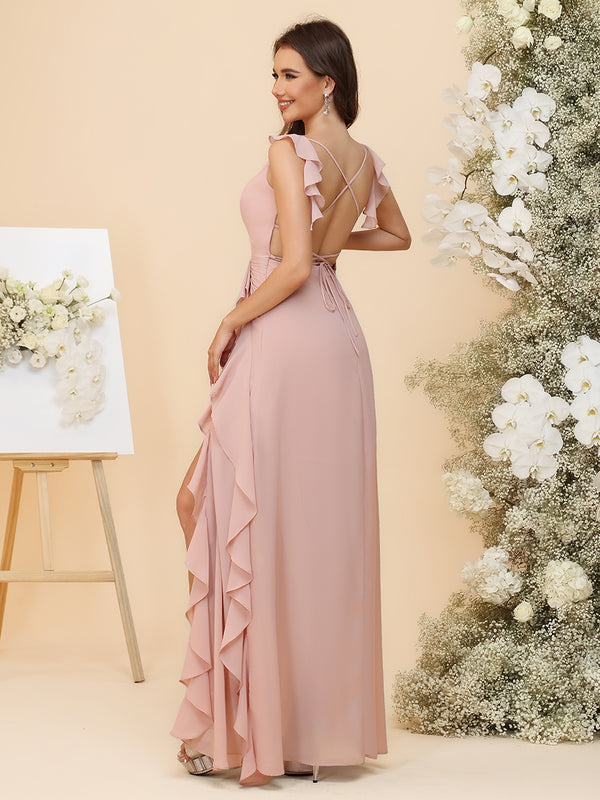 Chiffon V-Neck Asymmetrical Ruffles Ruched Waist Maxi Bridesmaid Dresses with Slit