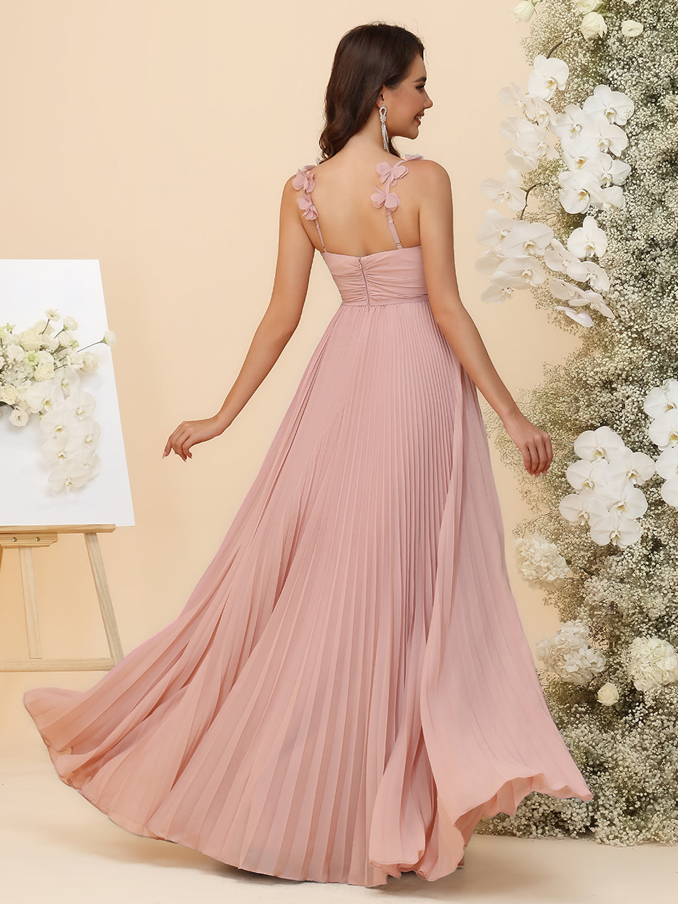 A-Line Chiffon Bridesmaid Dresses - Ruched Bodice & All-Over Accordion Pleated Skirt with 3D Floral Spaghetti Straps