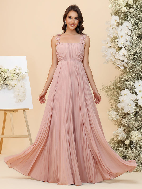 A-Line Chiffon Bridesmaid Dresses - Ruched Bodice & All-Over Accordion Pleated Skirt with 3D Floral Spaghetti Straps