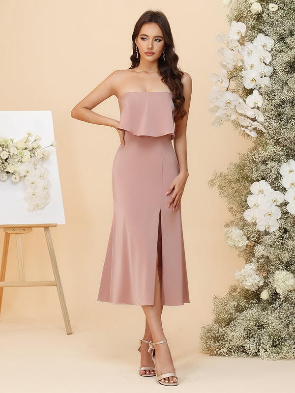 Satin Midi Bridesmaid Dresses - Strapless Ruffle Bodice & Front Slit