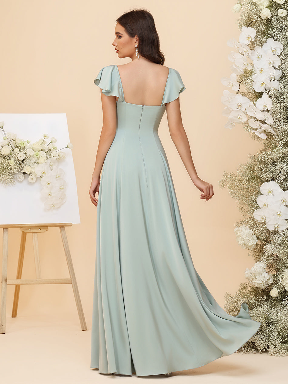 A-Line Sweetheart Bridesmaid Dress - Flutter Sleeves Chiffon Gown with Slit