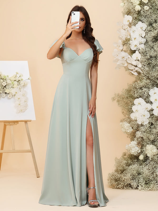 A-Line Sweetheart Bridesmaid Dress - Flutter Sleeves Chiffon Gown with Slit