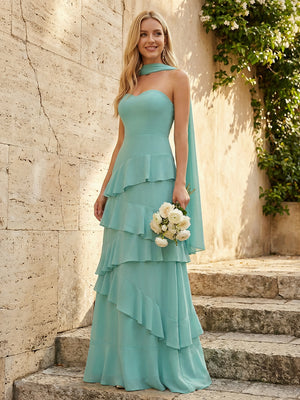 Strapless Bridesmaid Dresses - Tiered Ruffles Chiffon Gowns with Sash