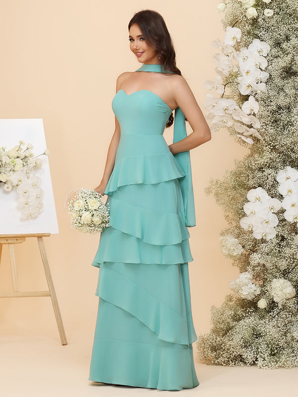 Strapless Bridesmaid Dresses - Tiered Ruffles Chiffon Gowns with Sash