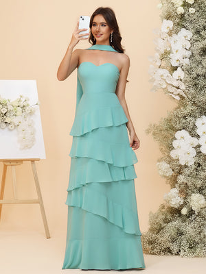 Strapless Bridesmaid Dresses - Tiered Ruffles Chiffon Gowns with Sash