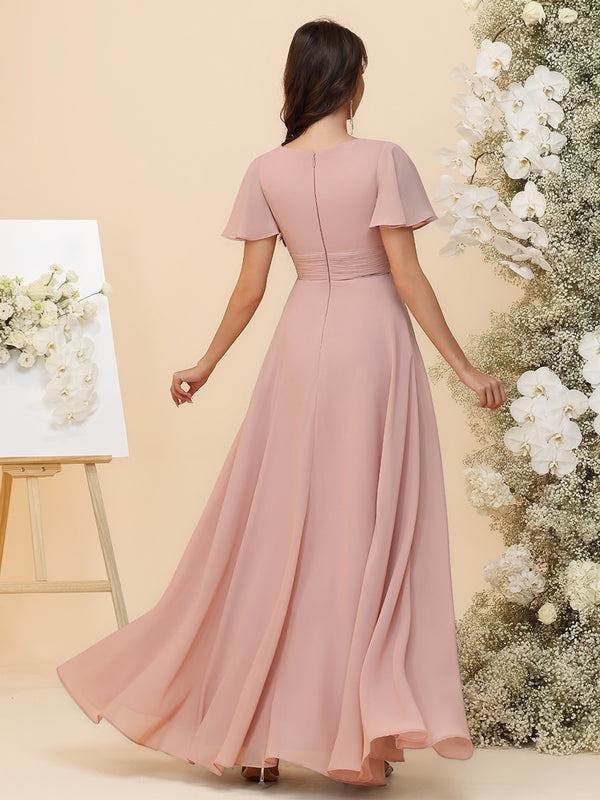 A-Line Chiffon Bridesmaid Dresses - Ruched Bodice & Flutter Short Sleeves