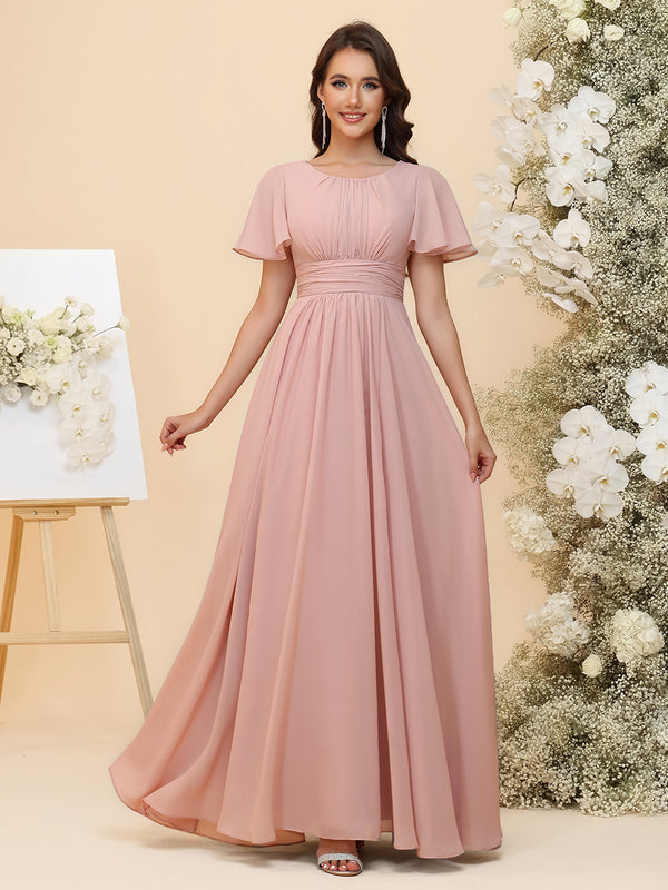 A-Line Chiffon Bridesmaid Dresses - Ruched Bodice & Flutter Short Sleeves