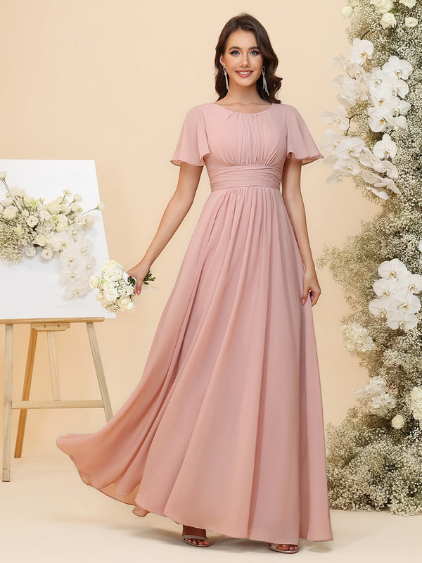 A-Line Chiffon Bridesmaid Dresses - Ruched Bodice & Flutter Short Sleeves