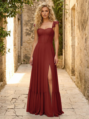 Spaghetti Straps Ruffles Chiffon Bridesmaid Dresses