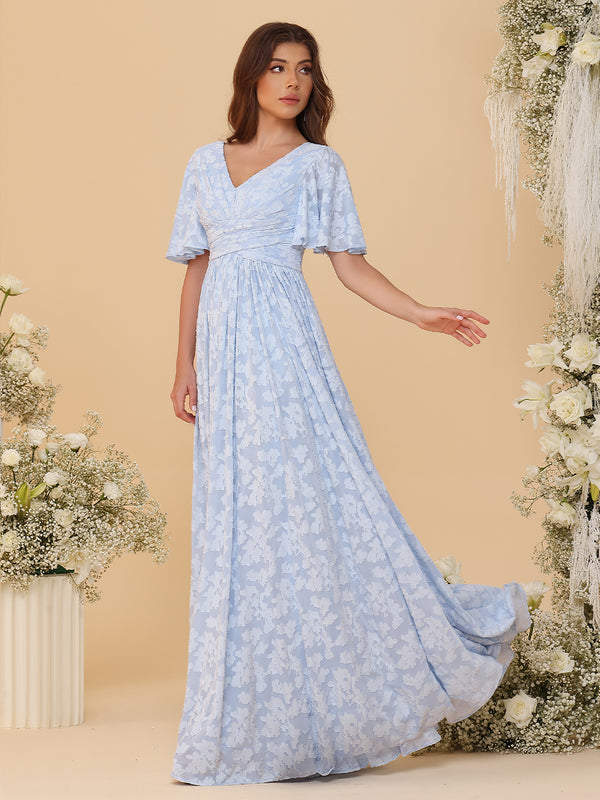 Short Sleeves Floral Chiffon Bridesmaid Dresses V Neck