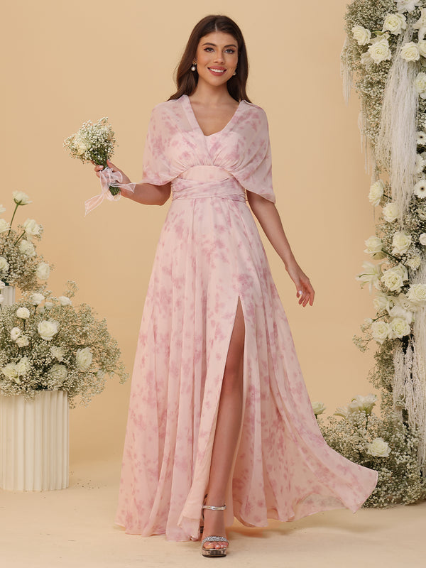 Halter Floral Chiffon Bridesmaid Dresses with Slit