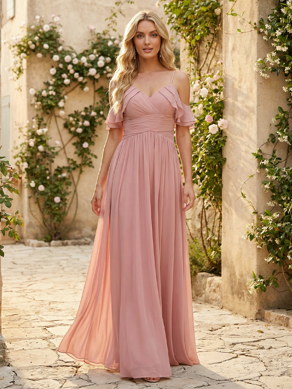 Spaghetti Straps Chiffon Bridesmaid Dresses with Ruffles