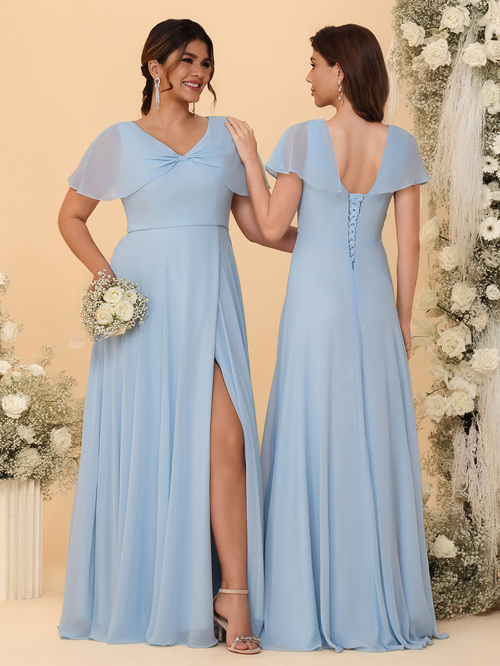 Short Sleeves V Neck Chiffon Formal Dresses with Slit
