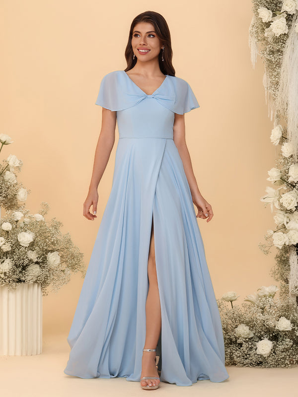 Short Sleeves V Neck Chiffon Bridesmaid Dresses with Slit
