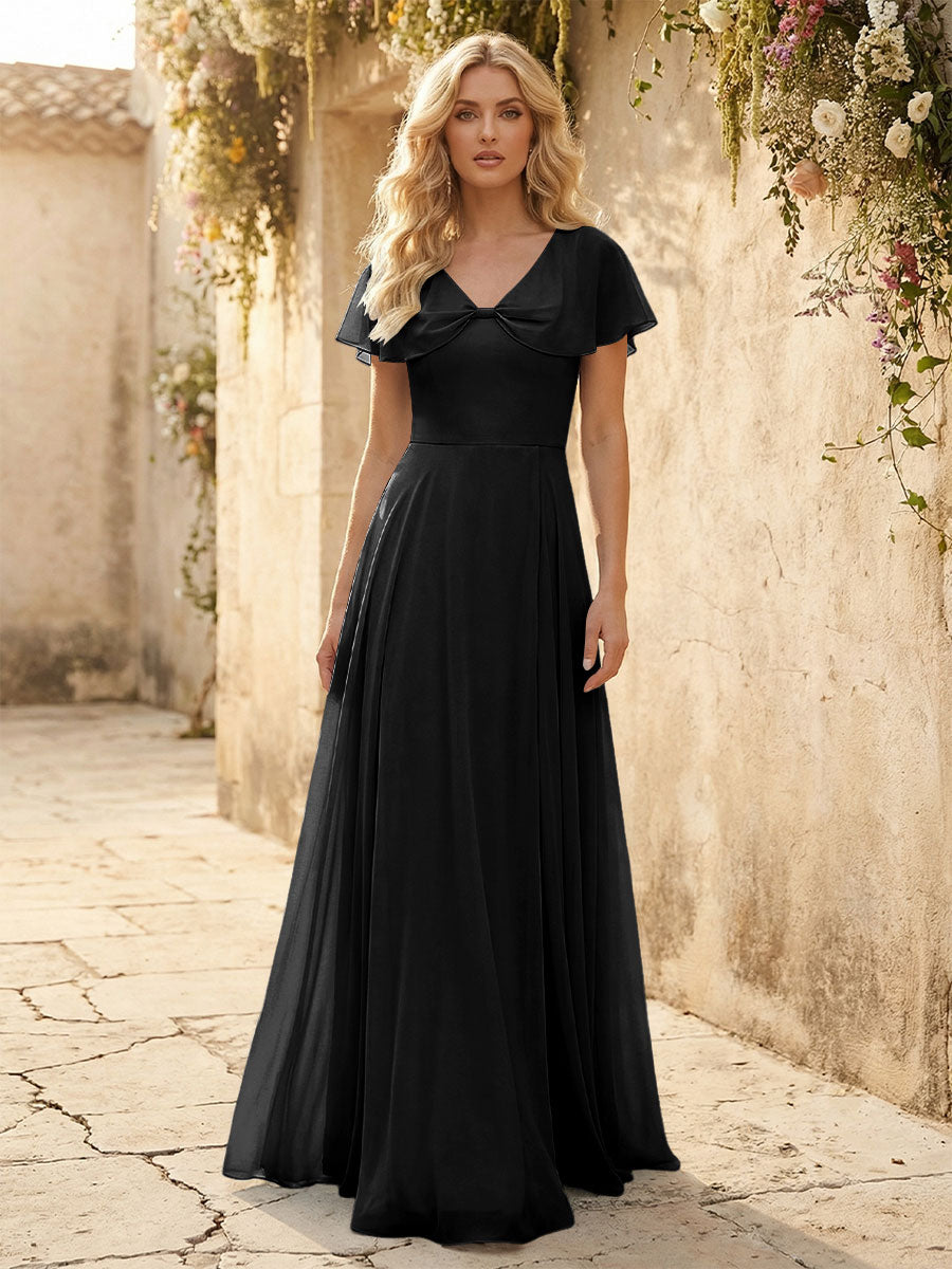 Short Sleeves V Neck Chiffon Formal Dresses with Slit