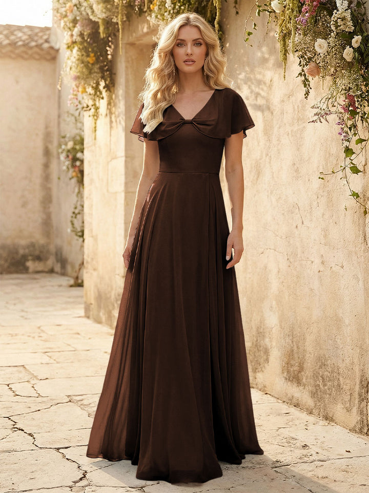 Short Sleeves V Neck Chiffon Formal Dresses with Slit