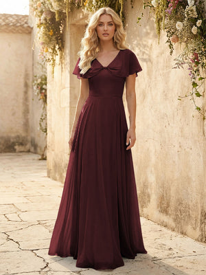 Short Sleeves V Neck Chiffon Bridesmaid Dresses with Slit