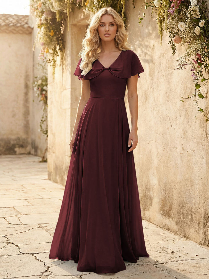 Short Sleeves V Neck Chiffon Formal Dresses with Slit