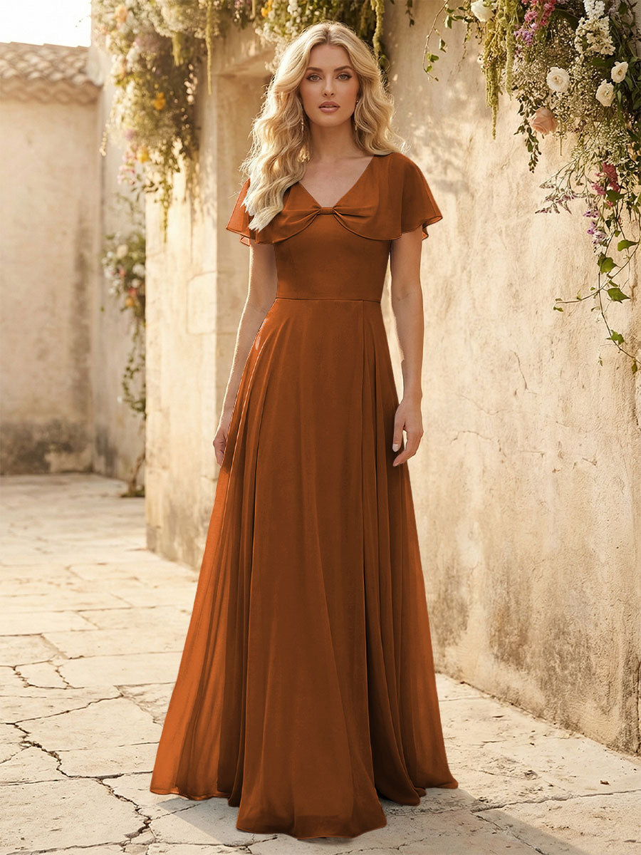 Short Sleeves V Neck Chiffon Formal Dresses with Slit