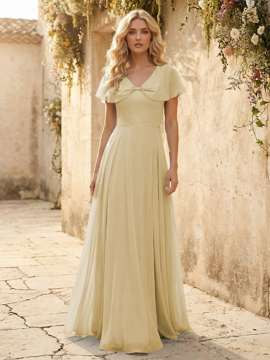 Short Sleeves V Neck Chiffon Formal Dresses with Slit