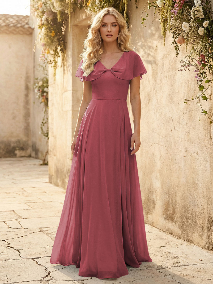 Short Sleeves V Neck Chiffon Formal Dresses with Slit