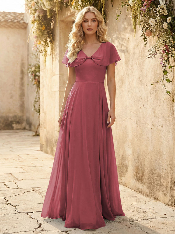 Short Sleeves V Neck Chiffon Bridesmaid Dresses with Slit