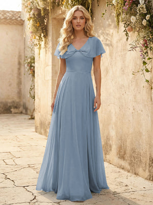 Short Sleeves V Neck Chiffon Bridesmaid Dresses with Slit