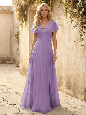 Short Sleeves V Neck Chiffon Bridesmaid Dresses with Slit