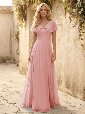 Short Sleeves V Neck Chiffon Bridesmaid Dresses with Slit
