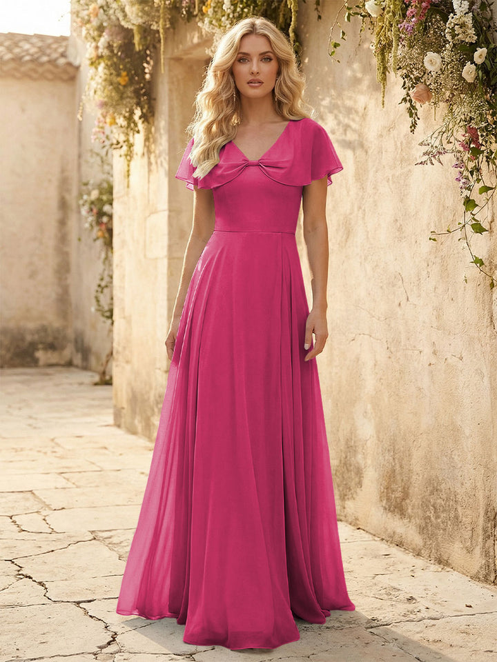 Short Sleeves V Neck Chiffon Formal Dresses with Slit