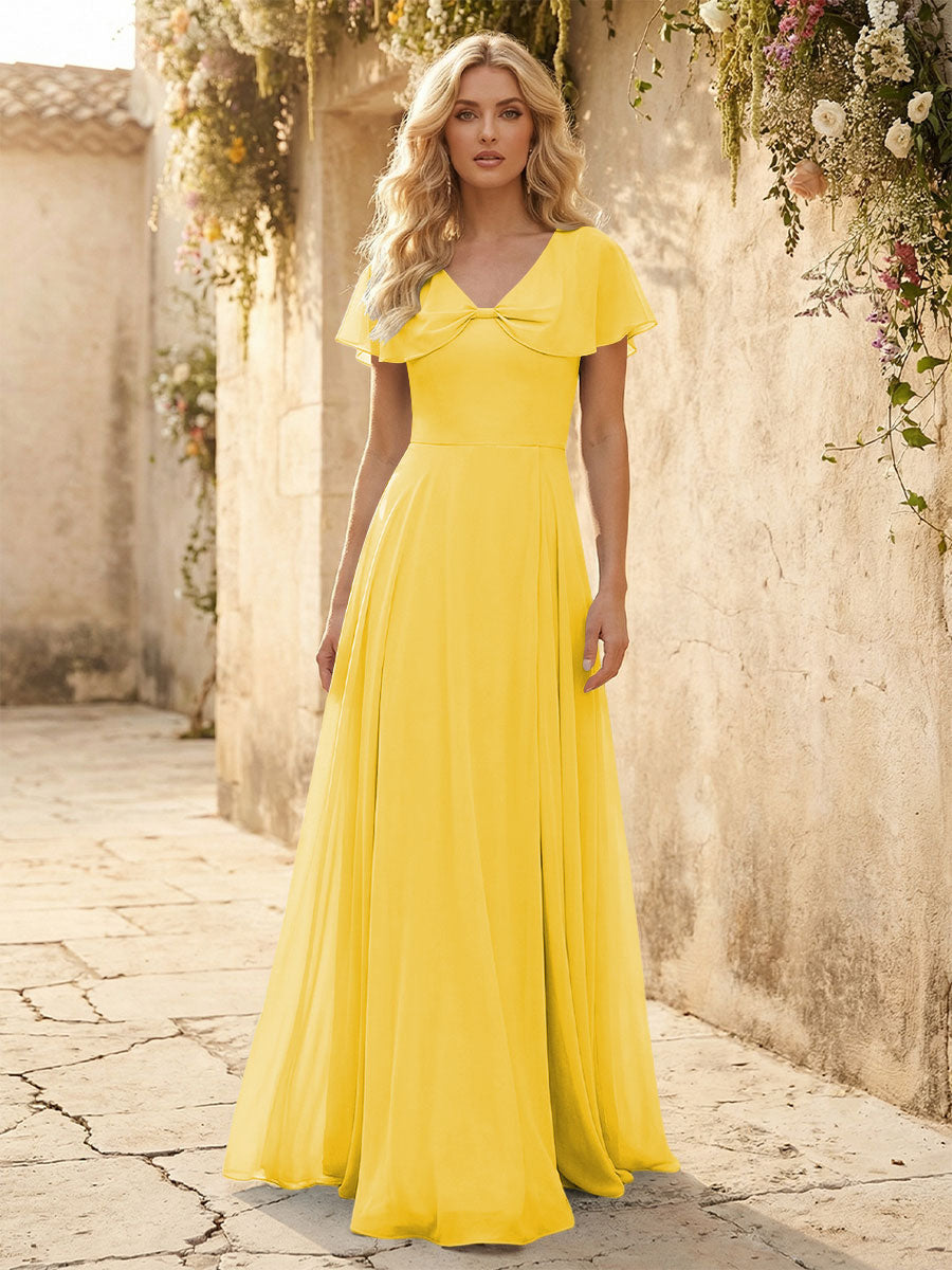 Short Sleeves V Neck Chiffon Formal Dresses with Slit