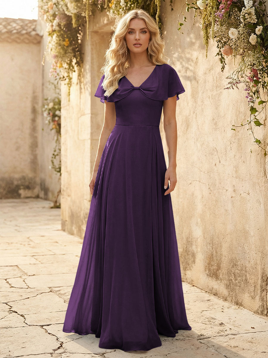 Short Sleeves V Neck Chiffon Formal Dresses with Slit