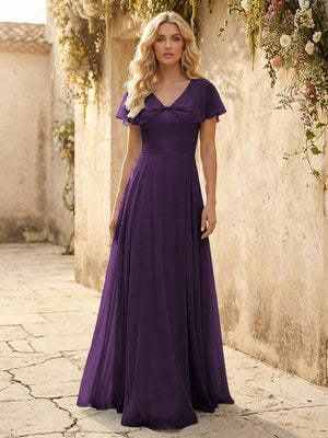 Short Sleeves V Neck Chiffon Bridesmaid Dresses with Slit