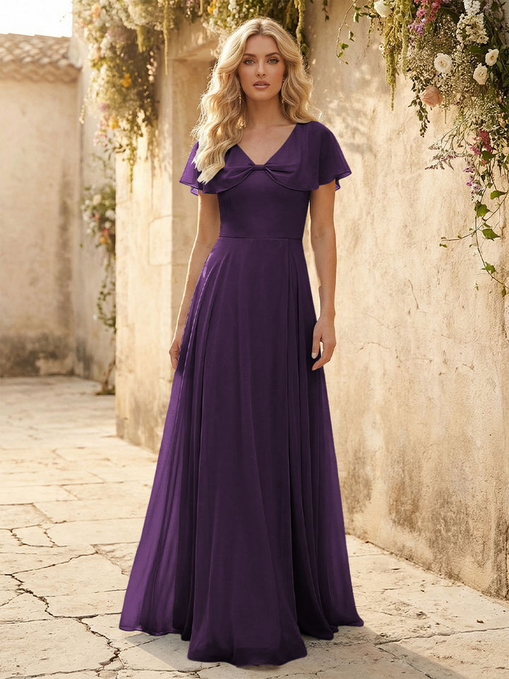 Short Sleeves V Neck Chiffon Formal Dresses with Slit