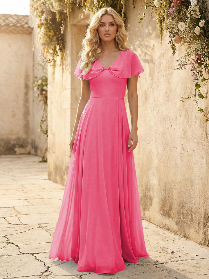 Short Sleeves V Neck Chiffon Formal Dresses with Slit