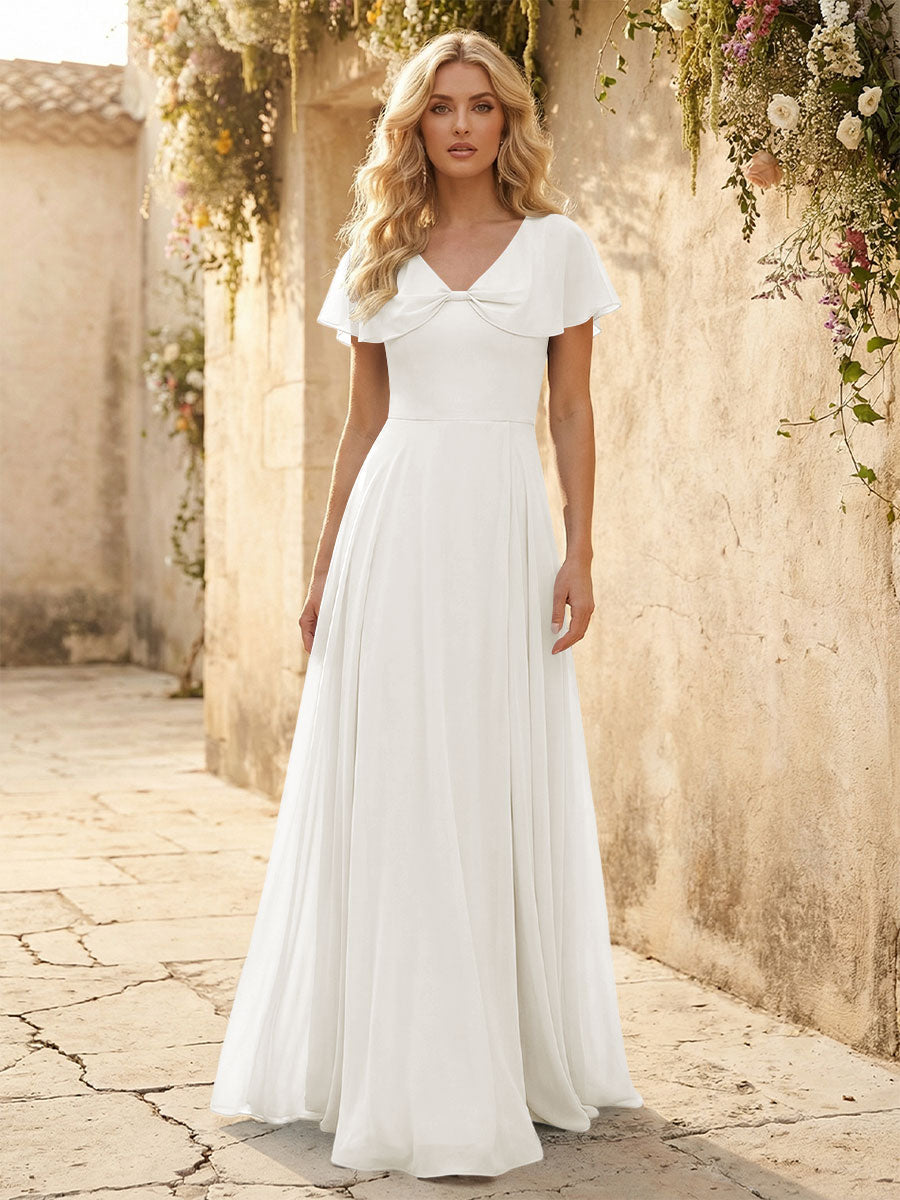 Short Sleeves V Neck Chiffon Formal Dresses with Slit