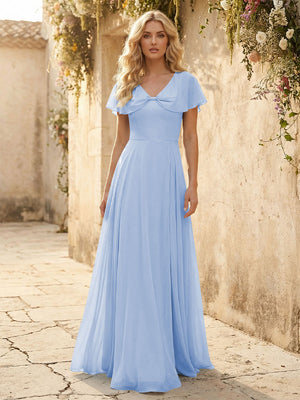 Short Sleeves V Neck Chiffon Bridesmaid Dresses with Slit