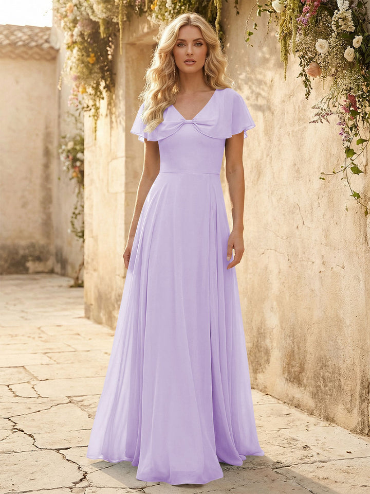 Short Sleeves V Neck Chiffon Formal Dresses with Slit