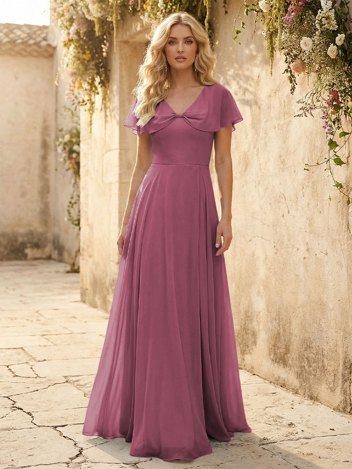 Short Sleeves V Neck Chiffon Formal Dresses with Slit