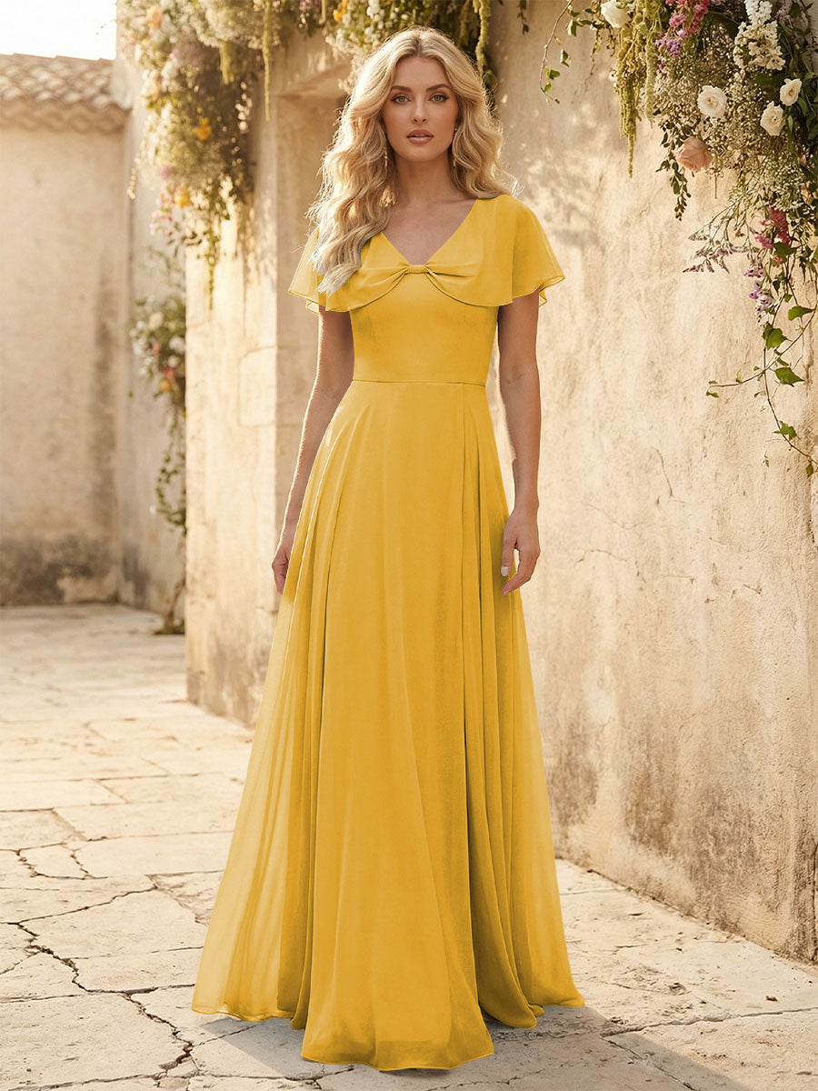 Short Sleeves V Neck Chiffon Formal Dresses with Slit