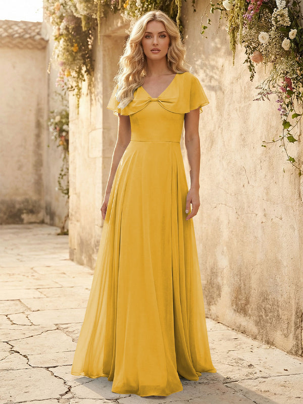 Short Sleeves V Neck Chiffon Bridesmaid Dresses with Slit
