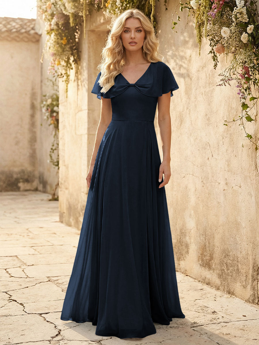 Short Sleeves V Neck Chiffon Formal Dresses with Slit