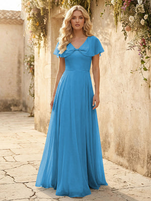 Short Sleeves V Neck Chiffon Bridesmaid Dresses with Slit