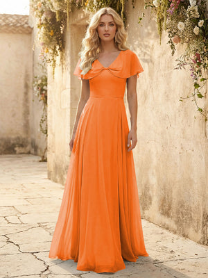 Short Sleeves V Neck Chiffon Bridesmaid Dresses with Slit