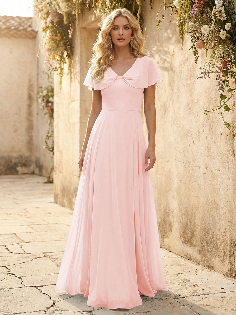 Short Sleeves V Neck Chiffon Formal Dresses with Slit