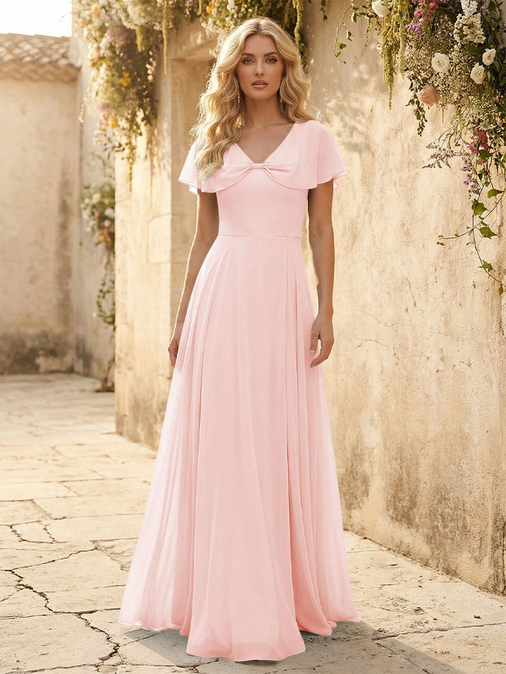 Short Sleeves V Neck Chiffon Formal Dresses with Slit