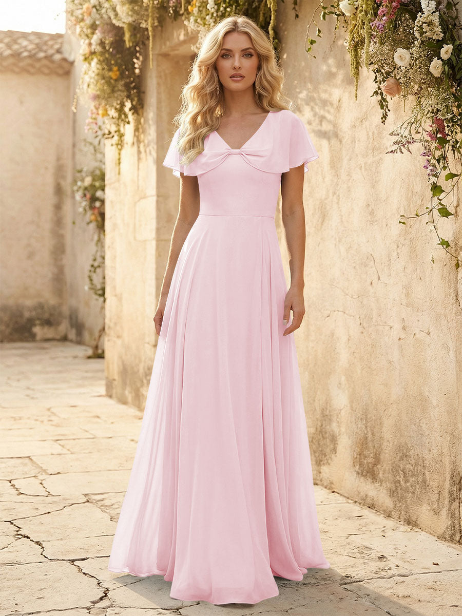 Short Sleeves V Neck Chiffon Formal Dresses with Slit