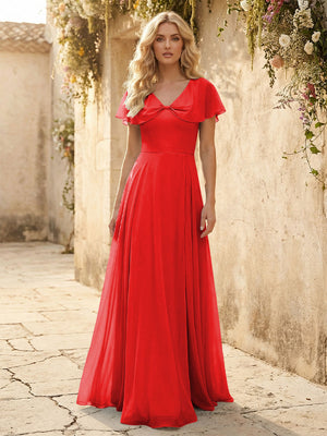 Short Sleeves V Neck Chiffon Bridesmaid Dresses with Slit
