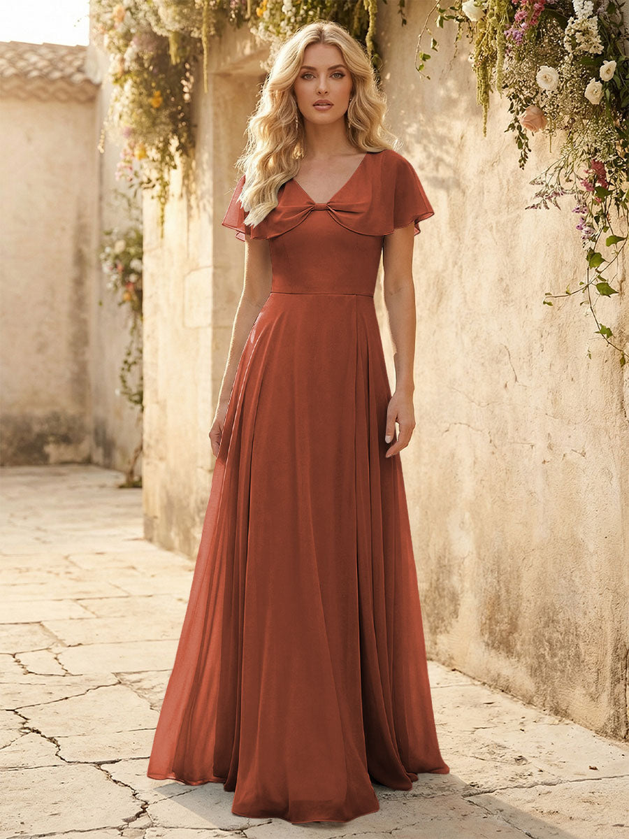 Short Sleeves V Neck Chiffon Formal Dresses with Slit